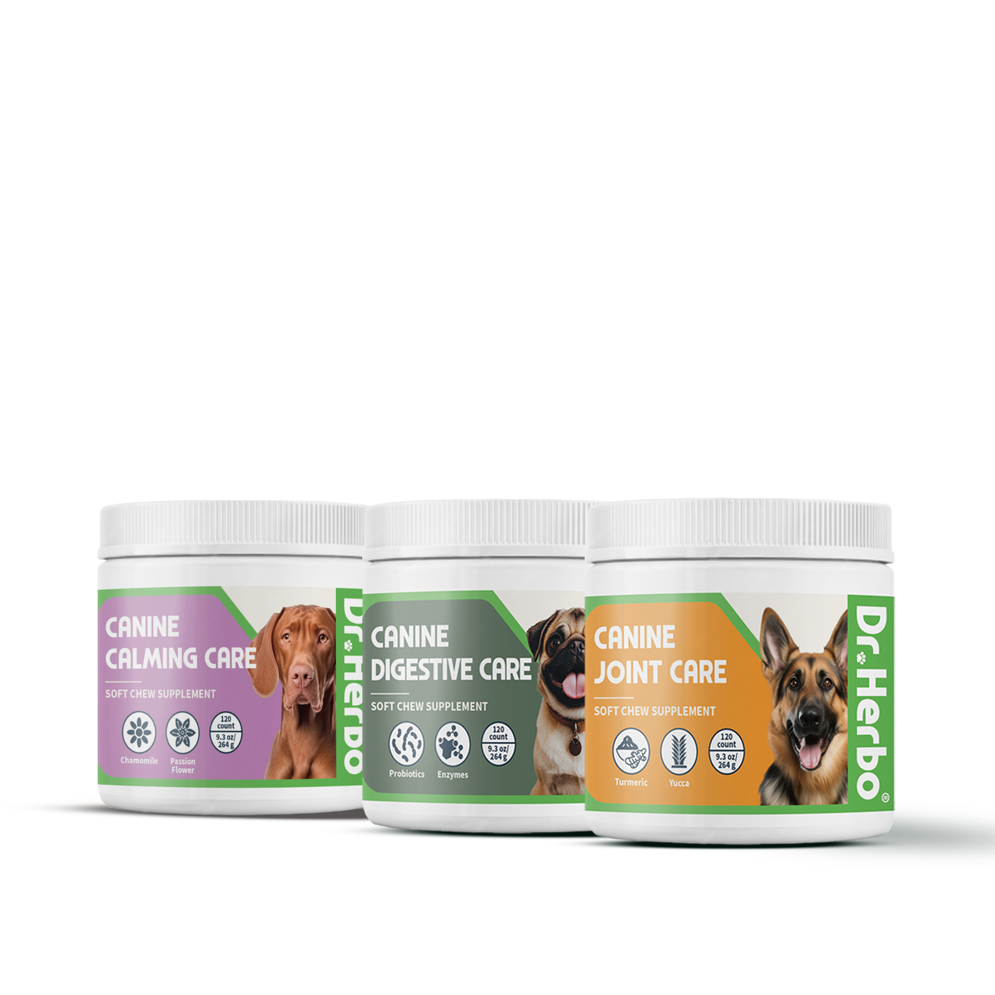 Three jars of Dr. Herbo canine health supplements on a white background